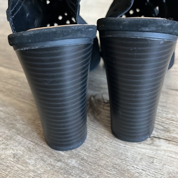 Cut Out Velcro Stap Bootie - Slip On Low Stacked Heel Open Peep Toe Cutout - Picture 6 of 8